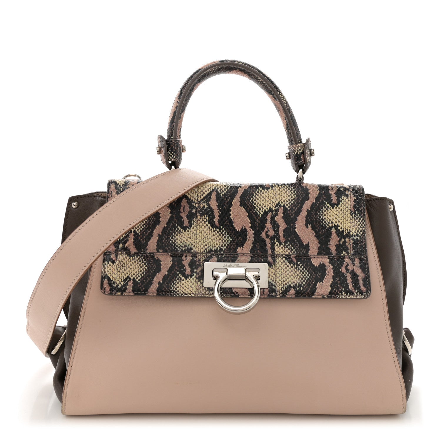 Salvatore Ferragamo Calfskin Snakeskin Medium Sofia Satchel Beige Brown Multicolor 1 of 17