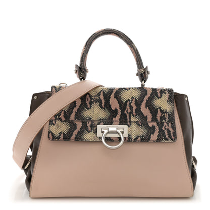 Salvatore Ferragamo Calfskin Snakeskin Medium Sofia Satchel Beige Brown Multicolor 1 of 17