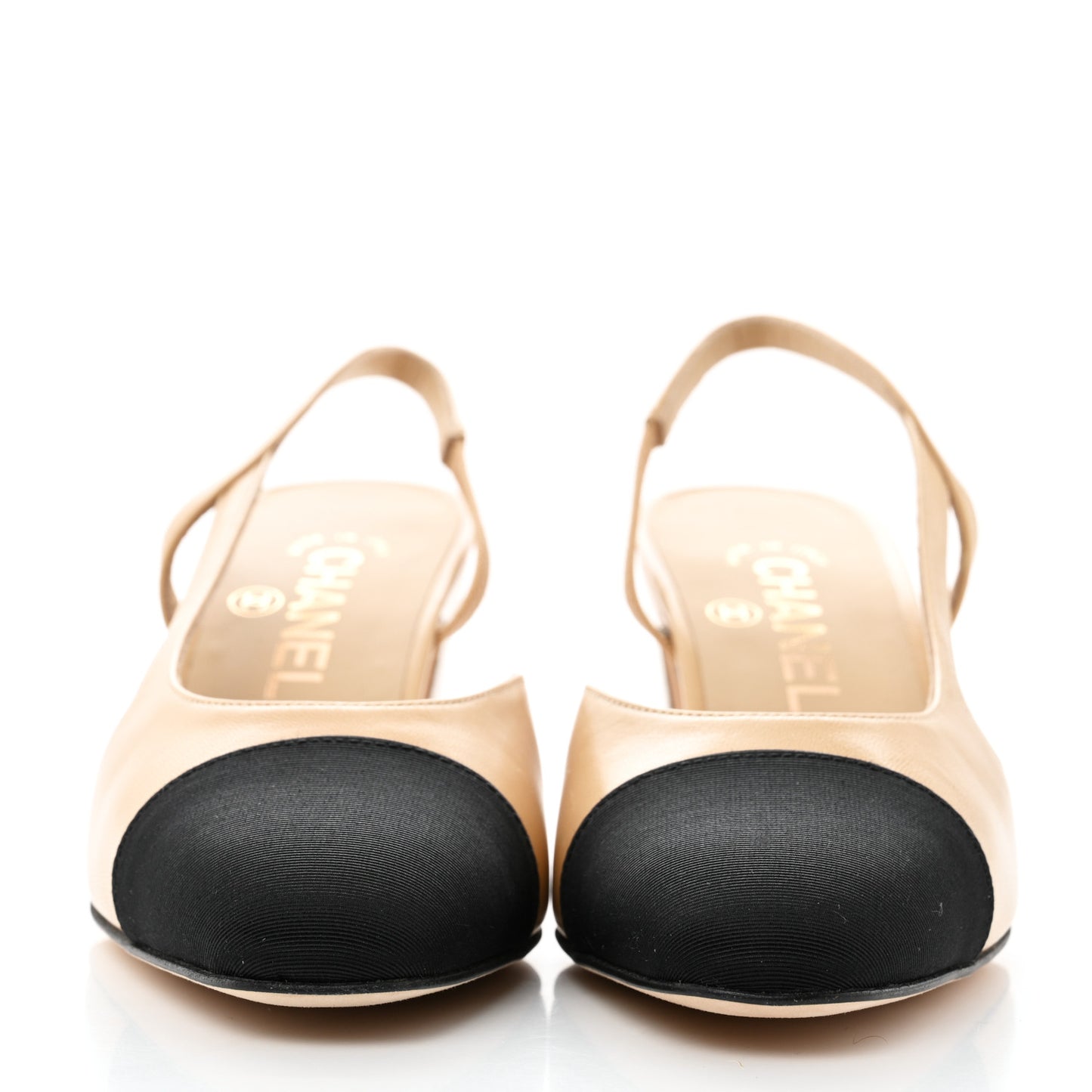 Goatskin Grosgrain Cap Toe CC Slingback Pumps 36.5 Beige Black