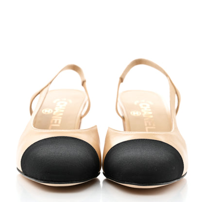 Chanel Goatskin Grosgrain Cap Toe CC Slingback Pumps 36.5 Beige Black 2 of 9