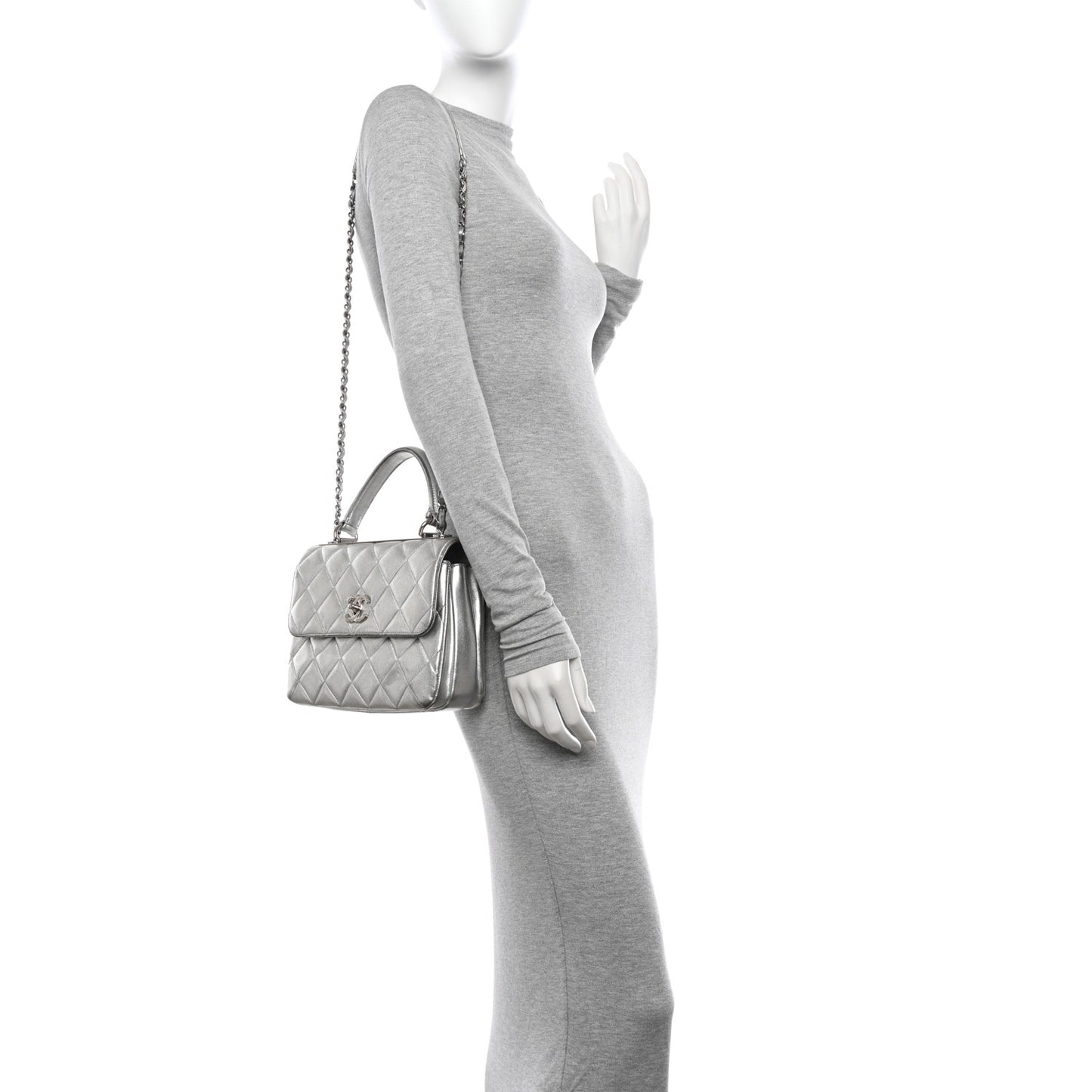 Metallic Lambskin Quilted Small Trendy CC Flap Dual Handle Bag Silver