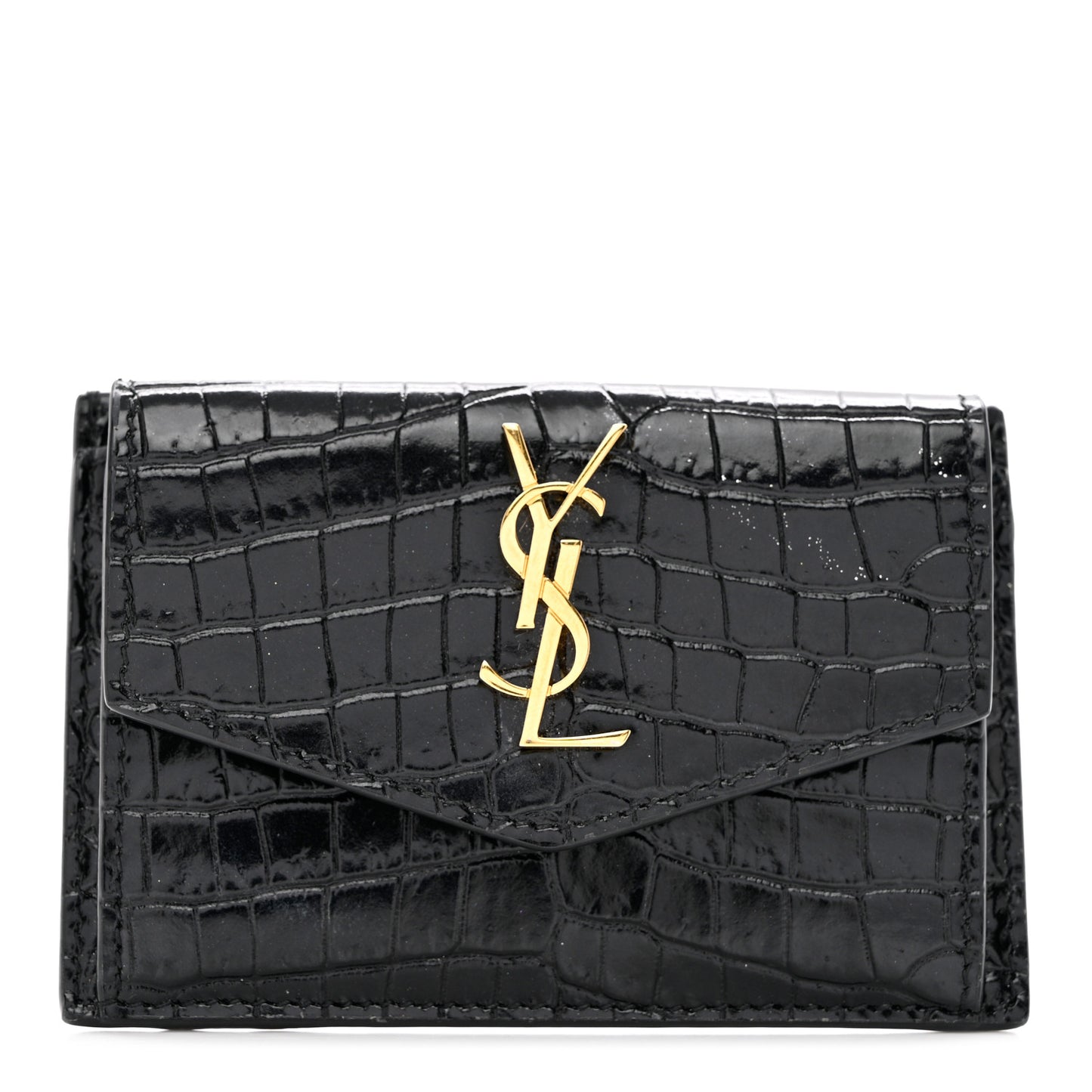 Calfskin Crocodile Embossed Uptown Monogram Card Case Black