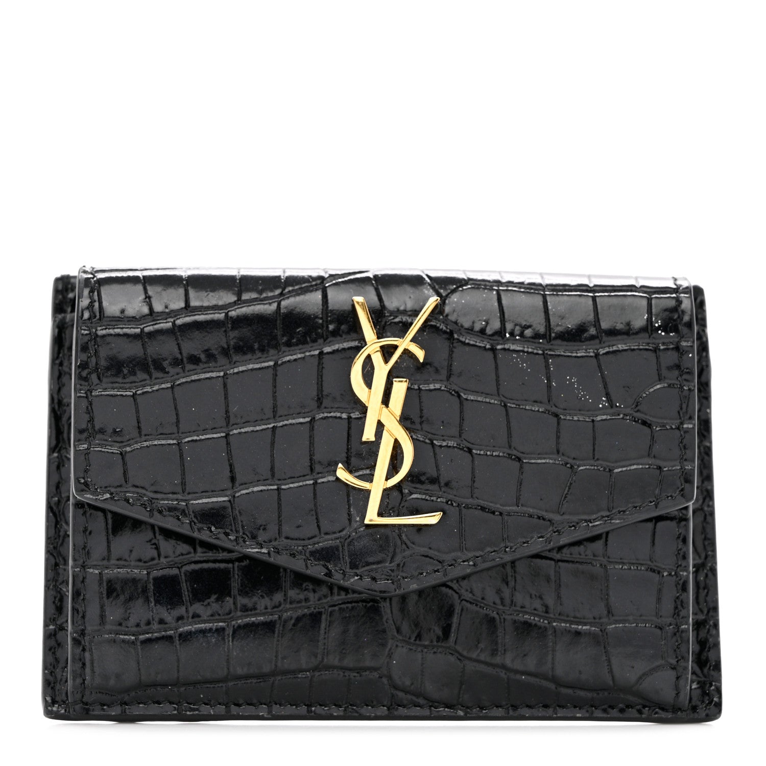 Saint Laurent Calfskin Crocodile Embossed Uptown Monogram Card Case Black 1 of 7