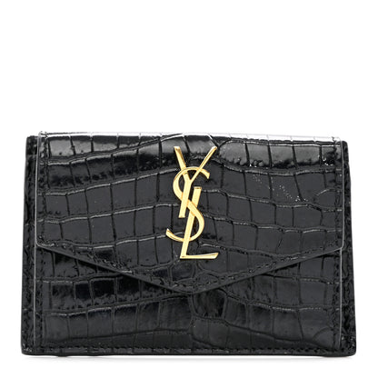 Saint Laurent Calfskin Crocodile Embossed Uptown Monogram Card Case Black 1 of 7