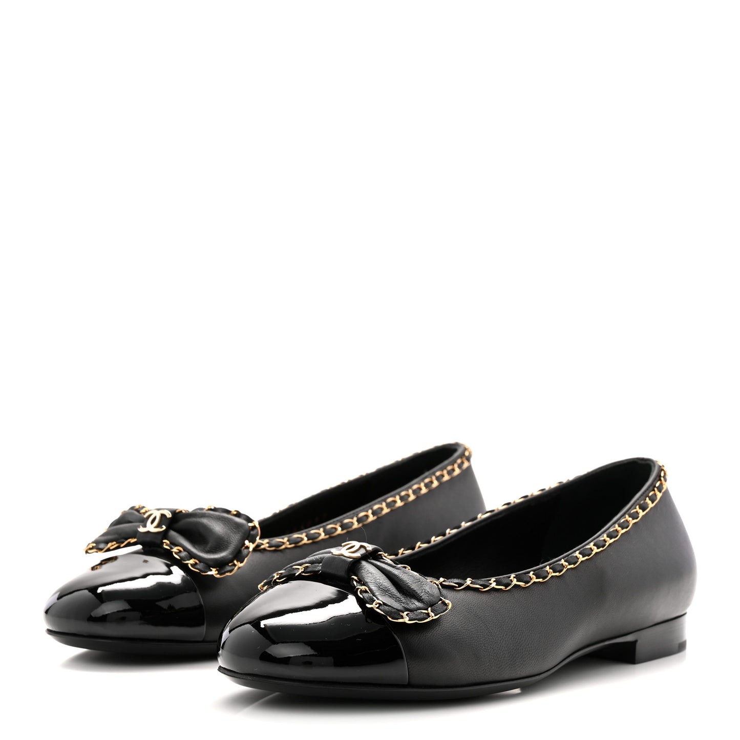 Lambskin Patent Cap Toe Chain Around Ballerina Flats 36 Black