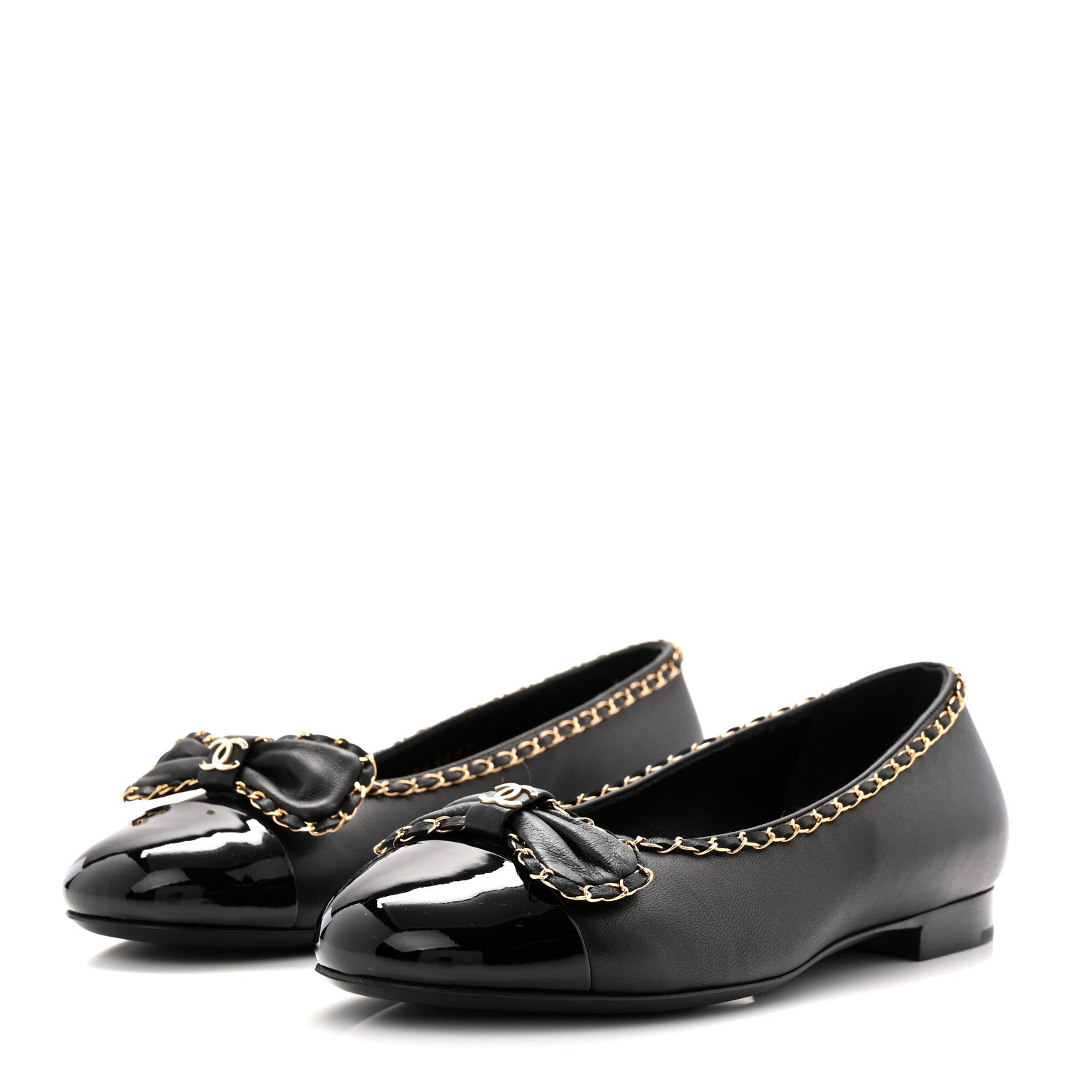 Chanel Lambskin Patent Cap Toe Chain Around Ballerina Flats 36 Black 3 of 10