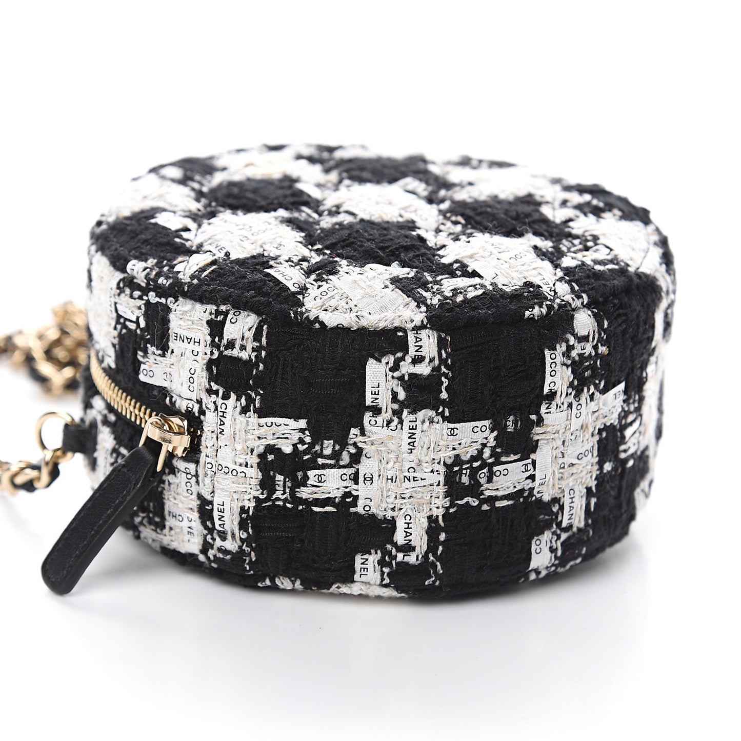 Tweed Quilted Round Clutch With Chain Black Ecru White