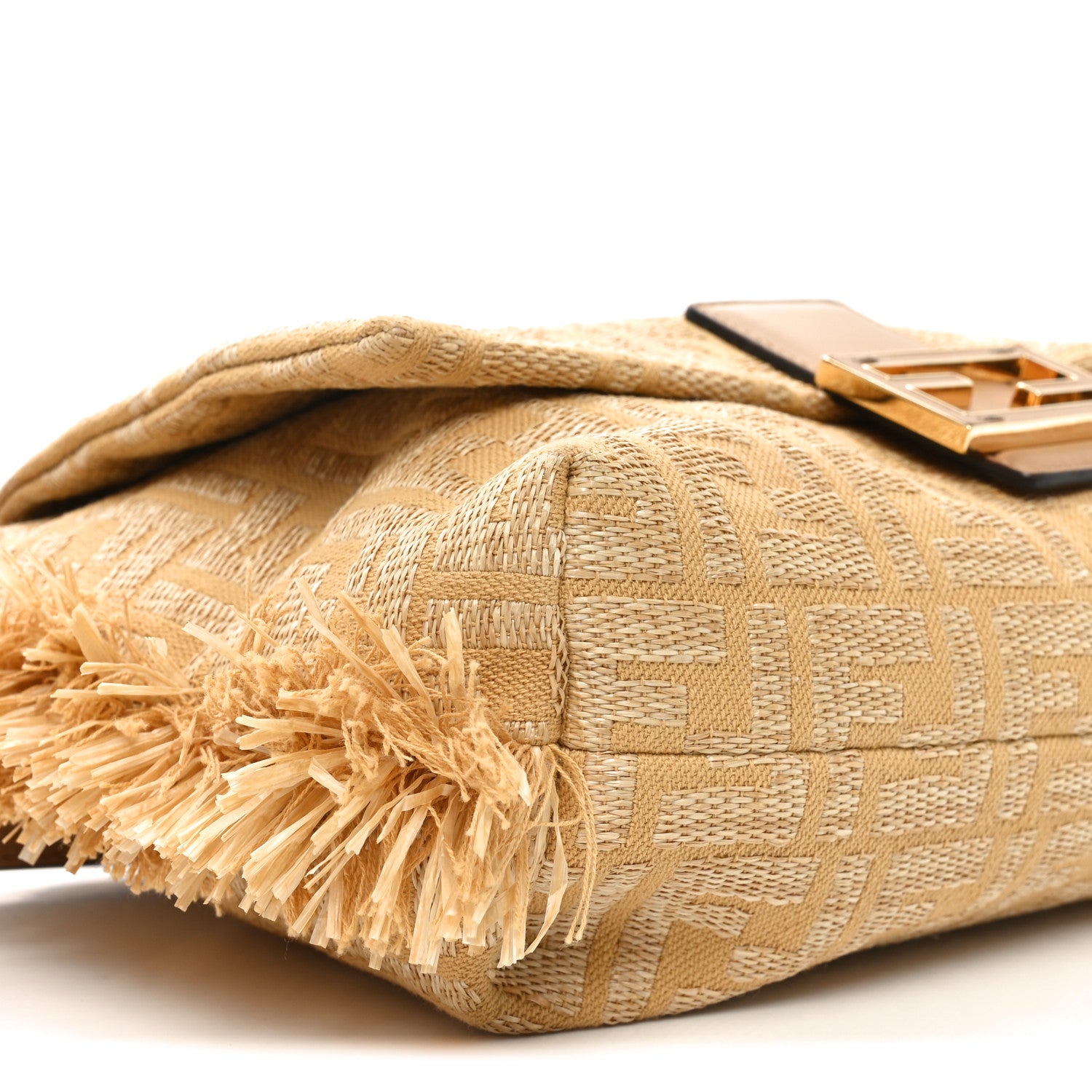 Fendi Fabric Jacquard Raffia Straw Fringe Medium Mamma Baguette Beige 9 of 10