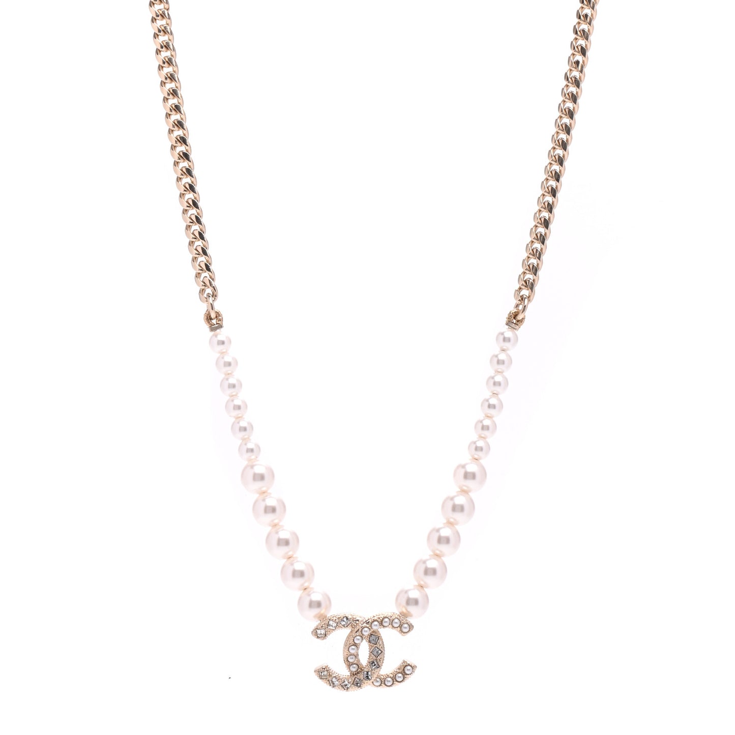 Pearl Crystal Chain CC Necklace Gold