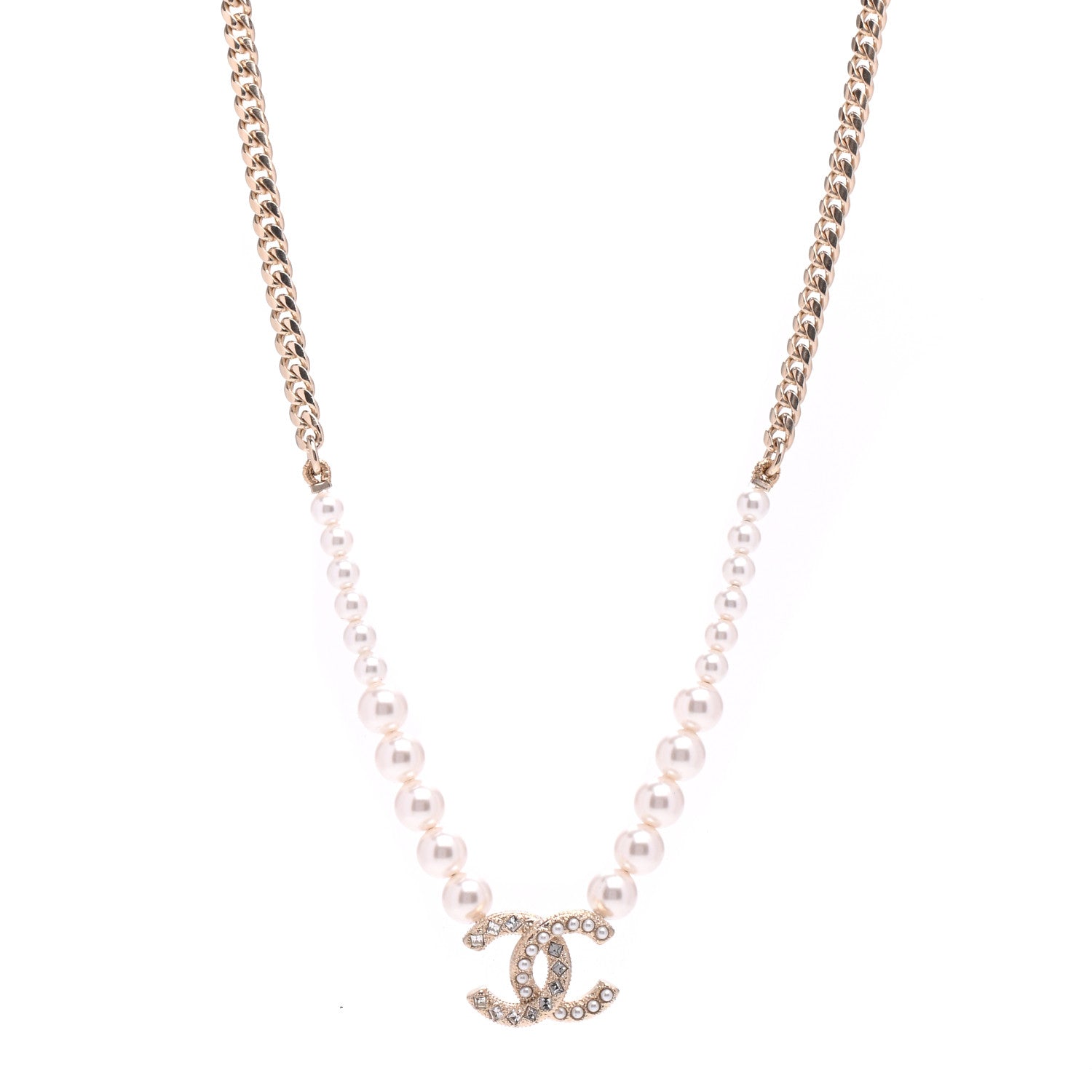 Chanel Pearl Crystal Chain CC Necklace Gold 1 of 5