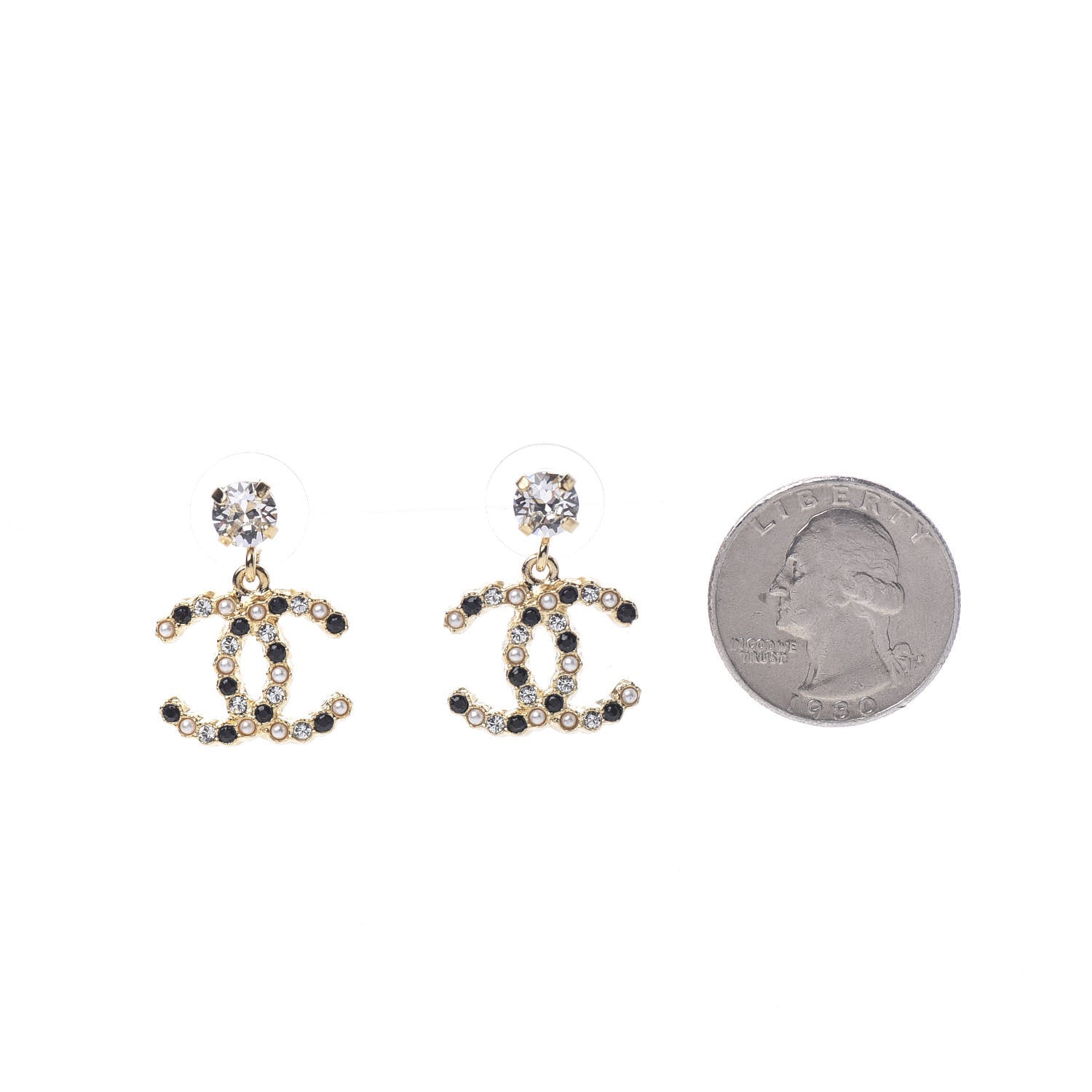 Chanel Resin Crystal Pearl CC Drop Earrings Gold Black 2 of 5