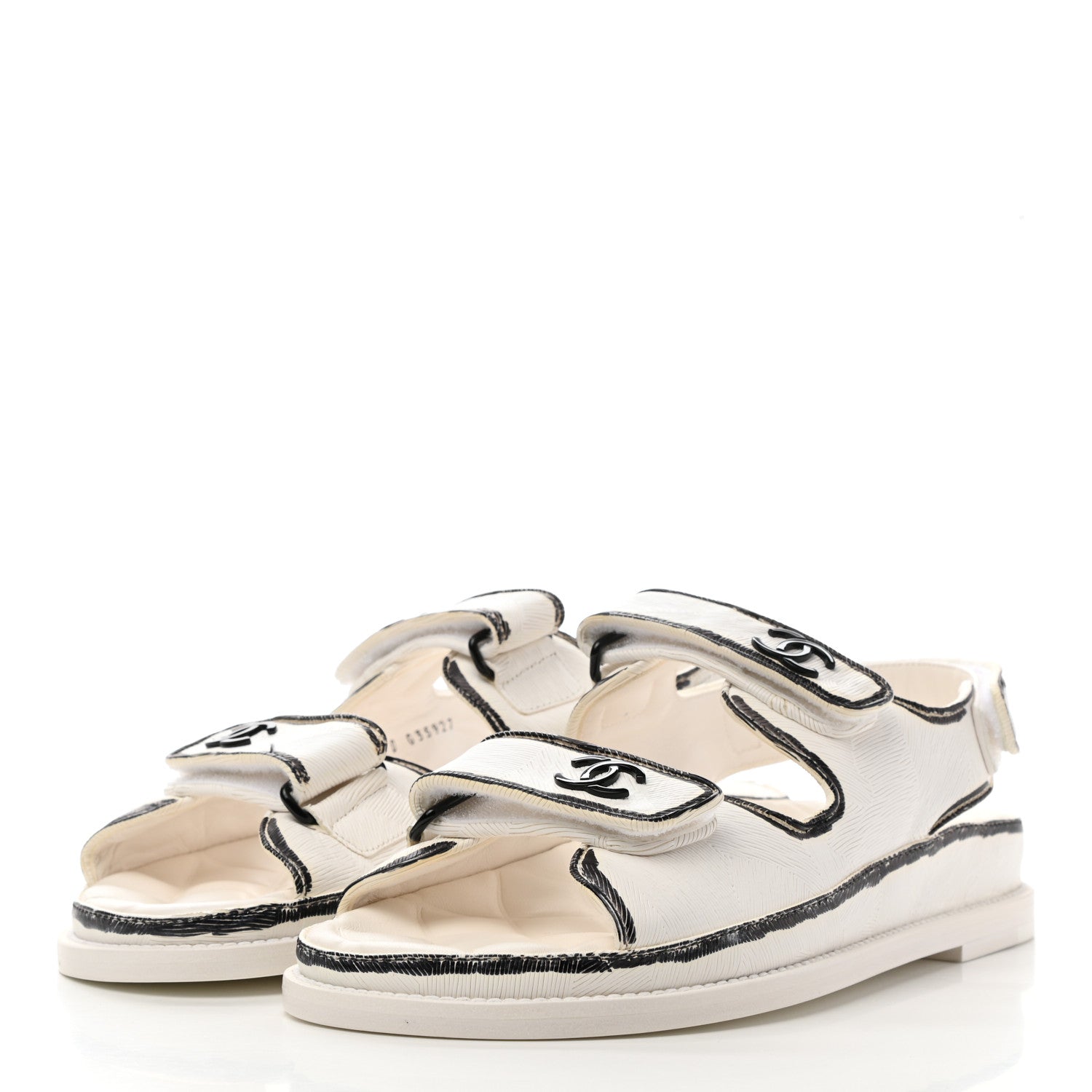 Chanel Calfskin Printed Velcro Dad Sandals 39 White Black 3 of 10