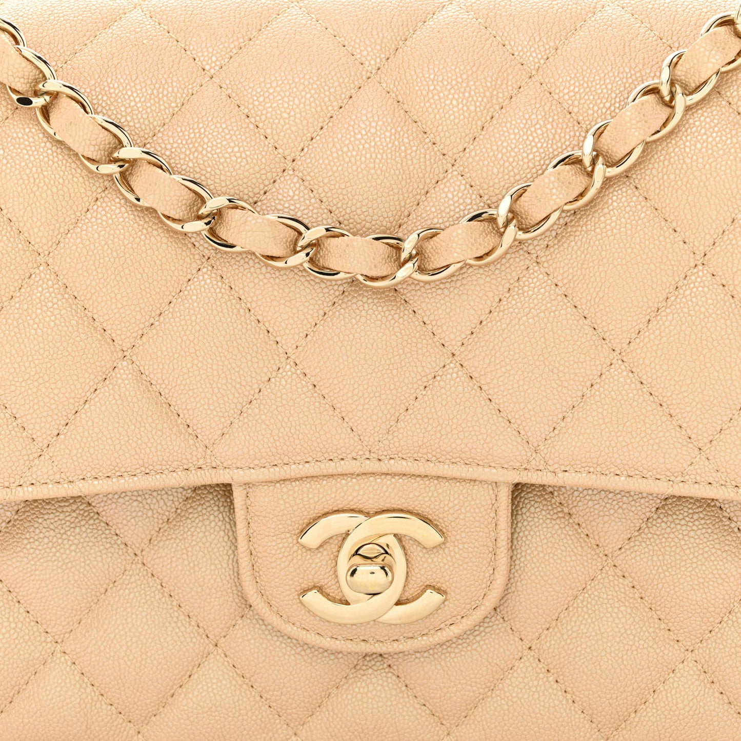 Iridescent Caviar Quilted Medium Double Flap Beige