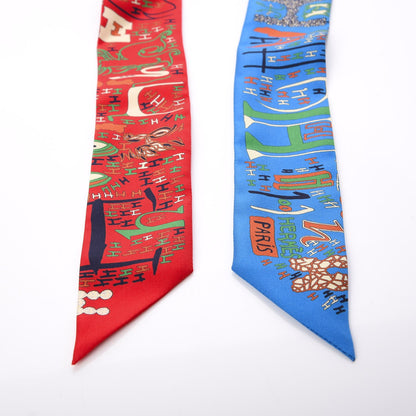 Hermes Silk 1001 H Twilly Scarf Rouge Bleu Vert 4 of 5
