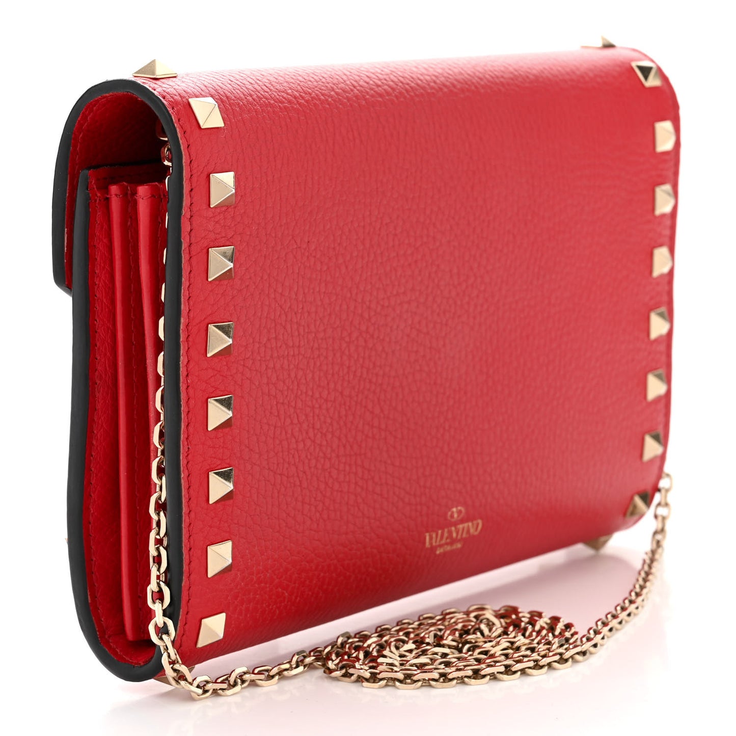 Pebbled Calfskin Rockstud Envelope Wallet on Chain Rosso Valentino