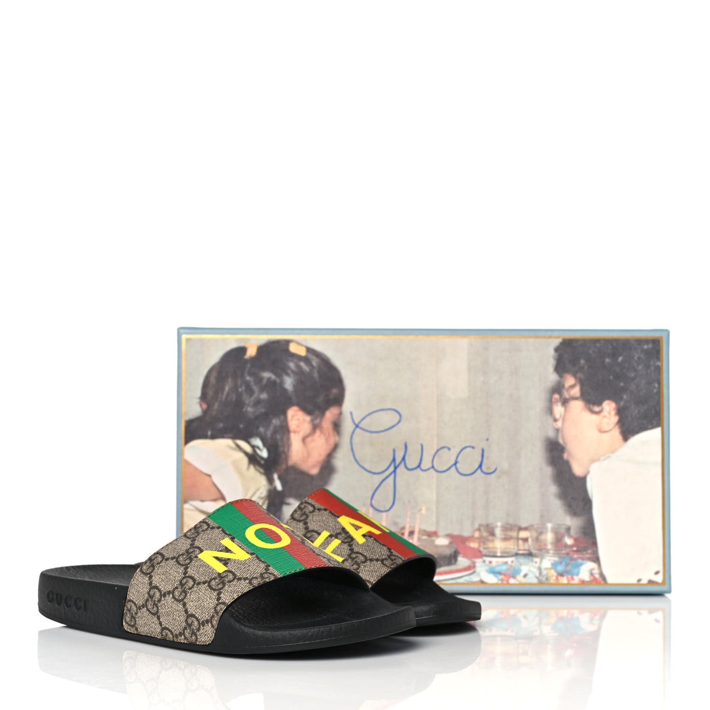GG Supreme Monogram Fake/Not Slide Sandals 36 Beige Ebony