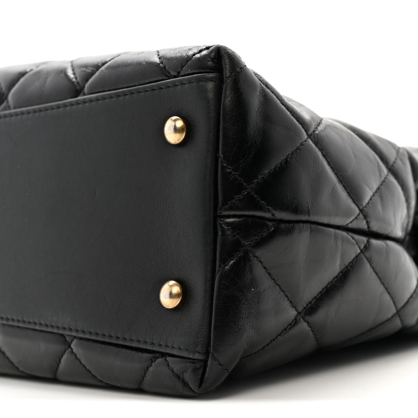 Glazed Calfskin Quilted Gold Bar Tote Black