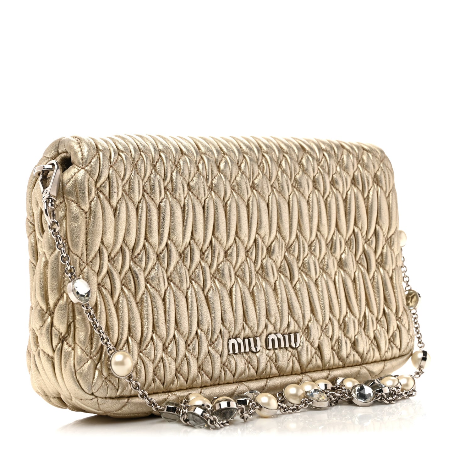 Metallic Nappa Matelasse Crystal Flap Clutch Gold