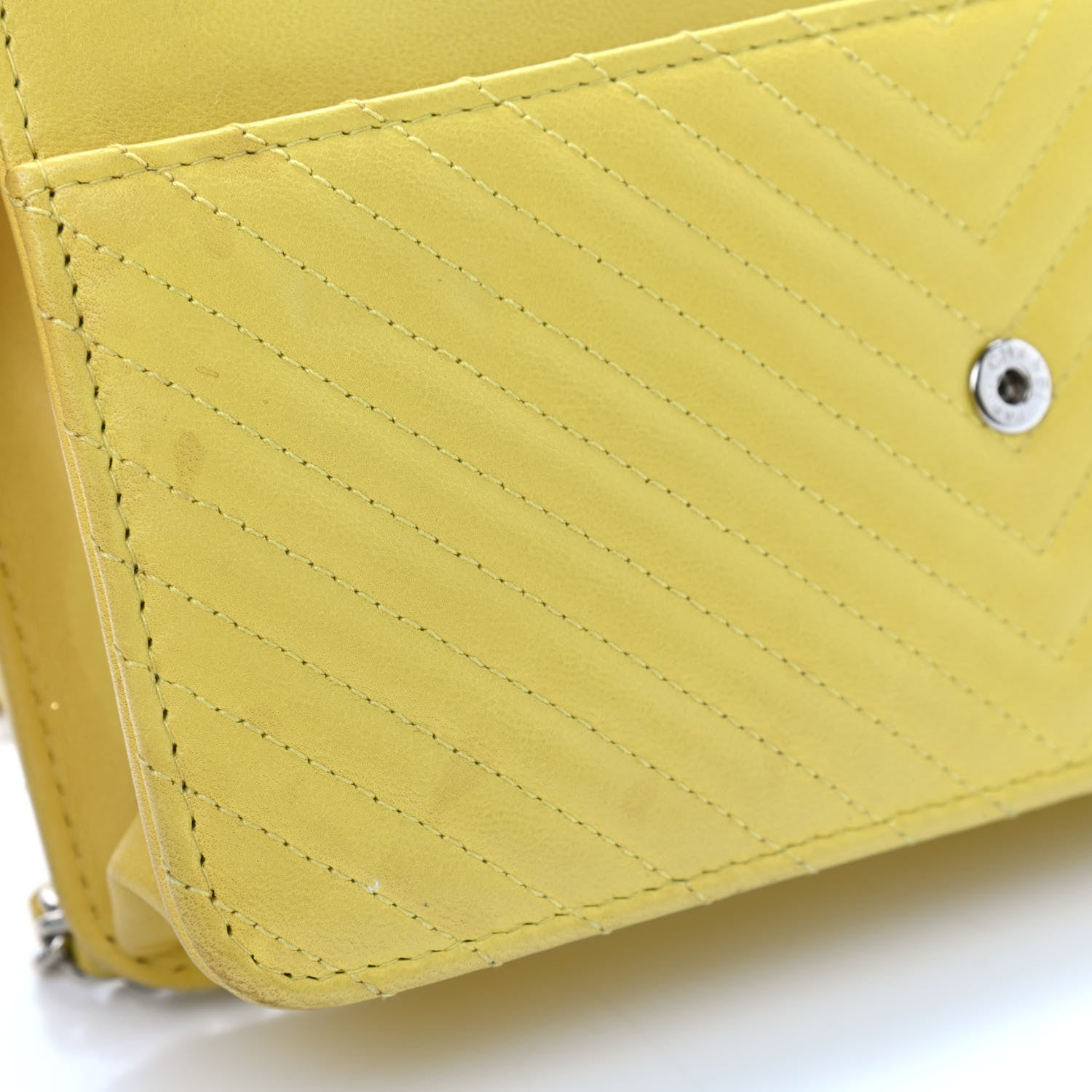 Chanel Lambskin Chevron Quilted Wallet On Chain WOC Yellow 12 of 14