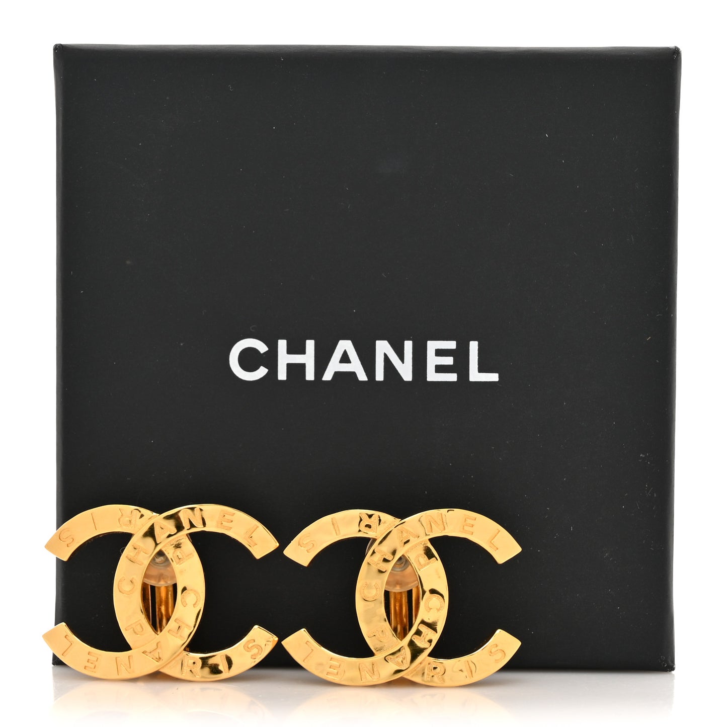 Metal CC Paris Button Clip On Earrings Gold