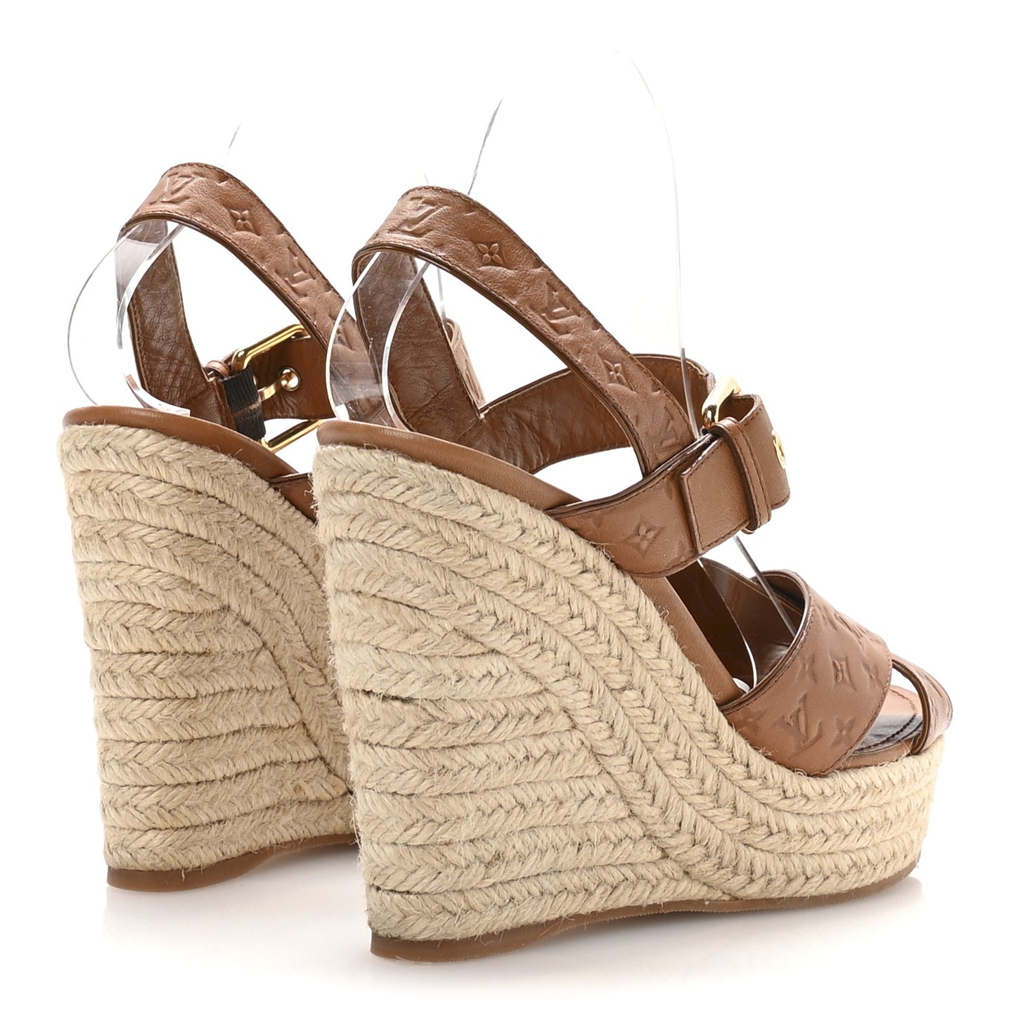 Calfskin Monogram Embossed Espadrille Wedge Sandals 38.5 Cognac