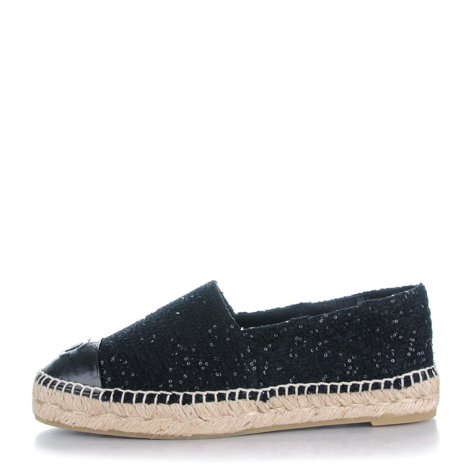Chanel Tweed Patent Goatskin Sequin CC Espadrilles 37 Black 1 of 9