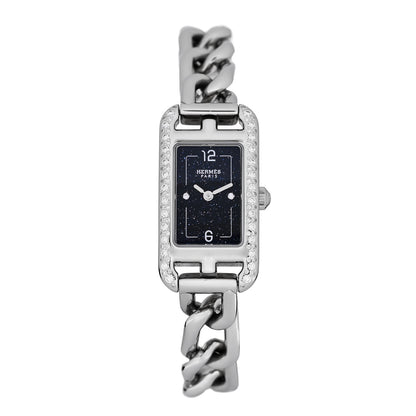 Hermes Stainless Steel Diamond Bezel 17mm Nantucket Quartz Watch Black 1 of 5