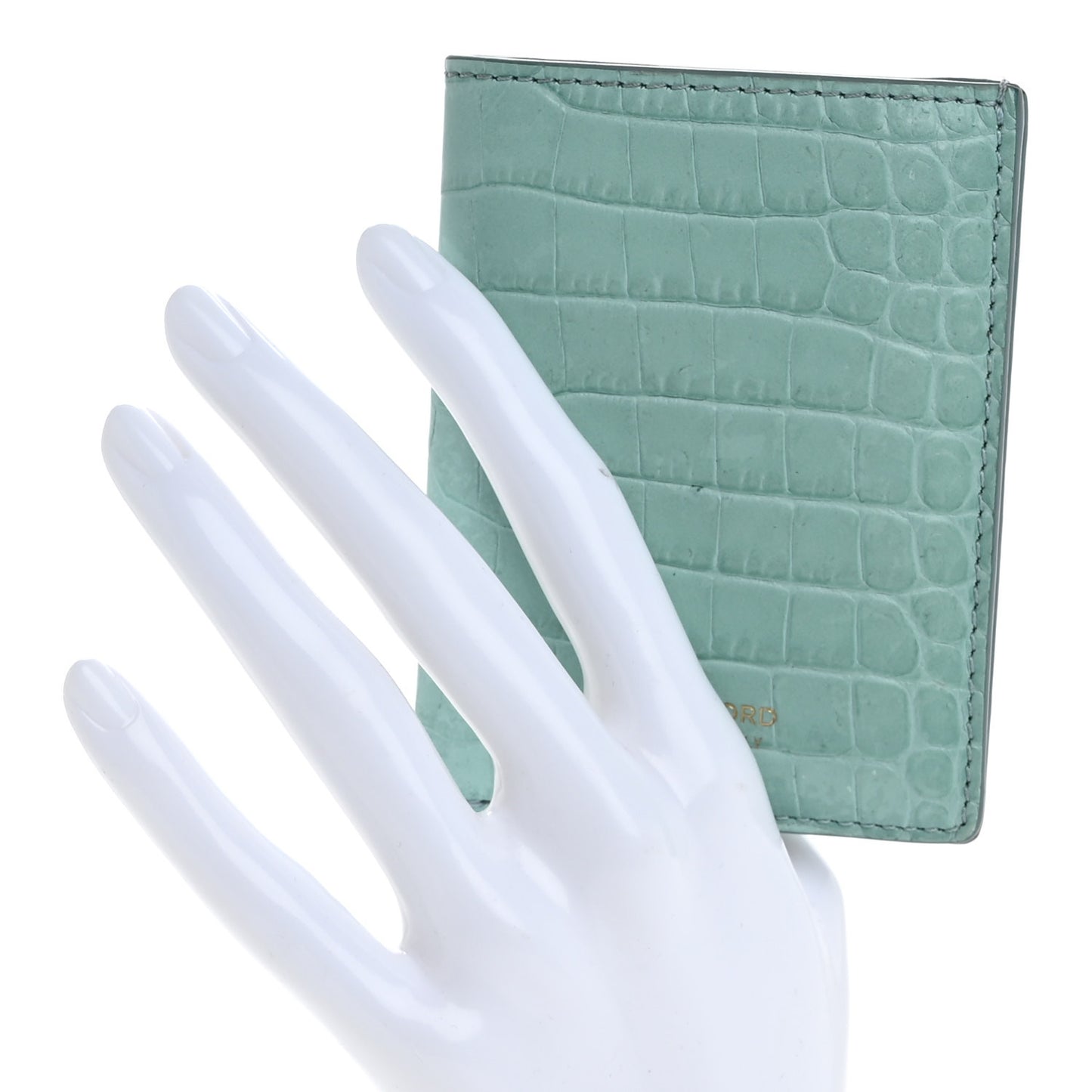 Calfskin Crocodile Embossed Bi-Fold Card Case Pastel Turquoise