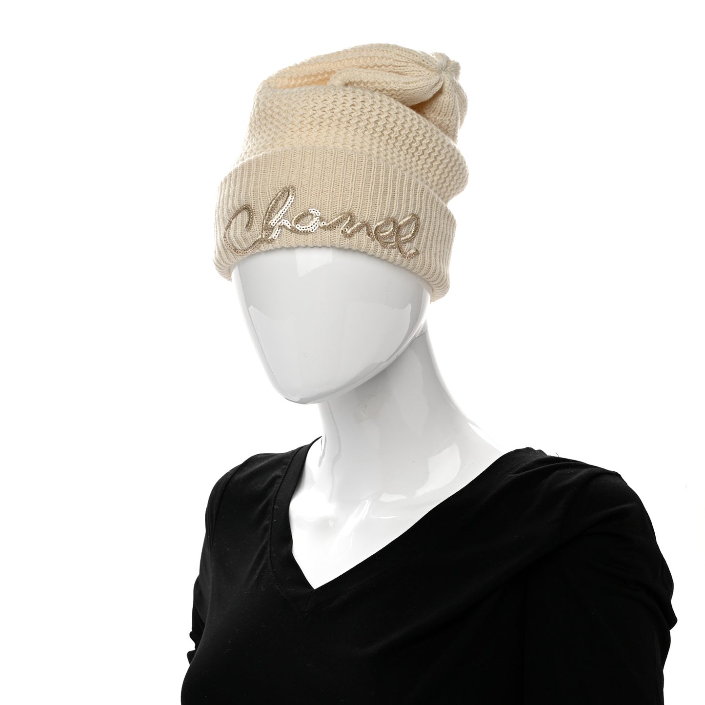 Cashmere Sequin Logo Beanie Hat Ivory Gold