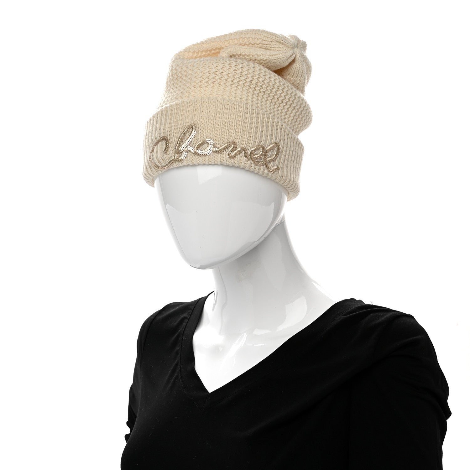 Chanel Cashmere Sequin Logo Beanie Hat Ivory Gold 2 of 4