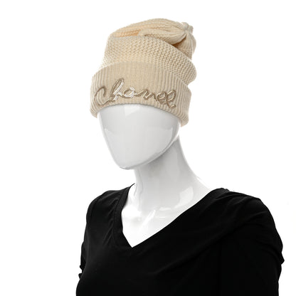 Chanel Cashmere Sequin Logo Beanie Hat Ivory Gold 2 of 4