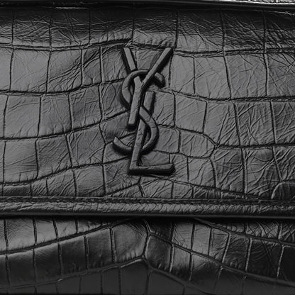 Saint Laurent Calfskin Crocodile Embossed Matelasse Monogram Baby Niki Chain Satchel Black 7 of 9
