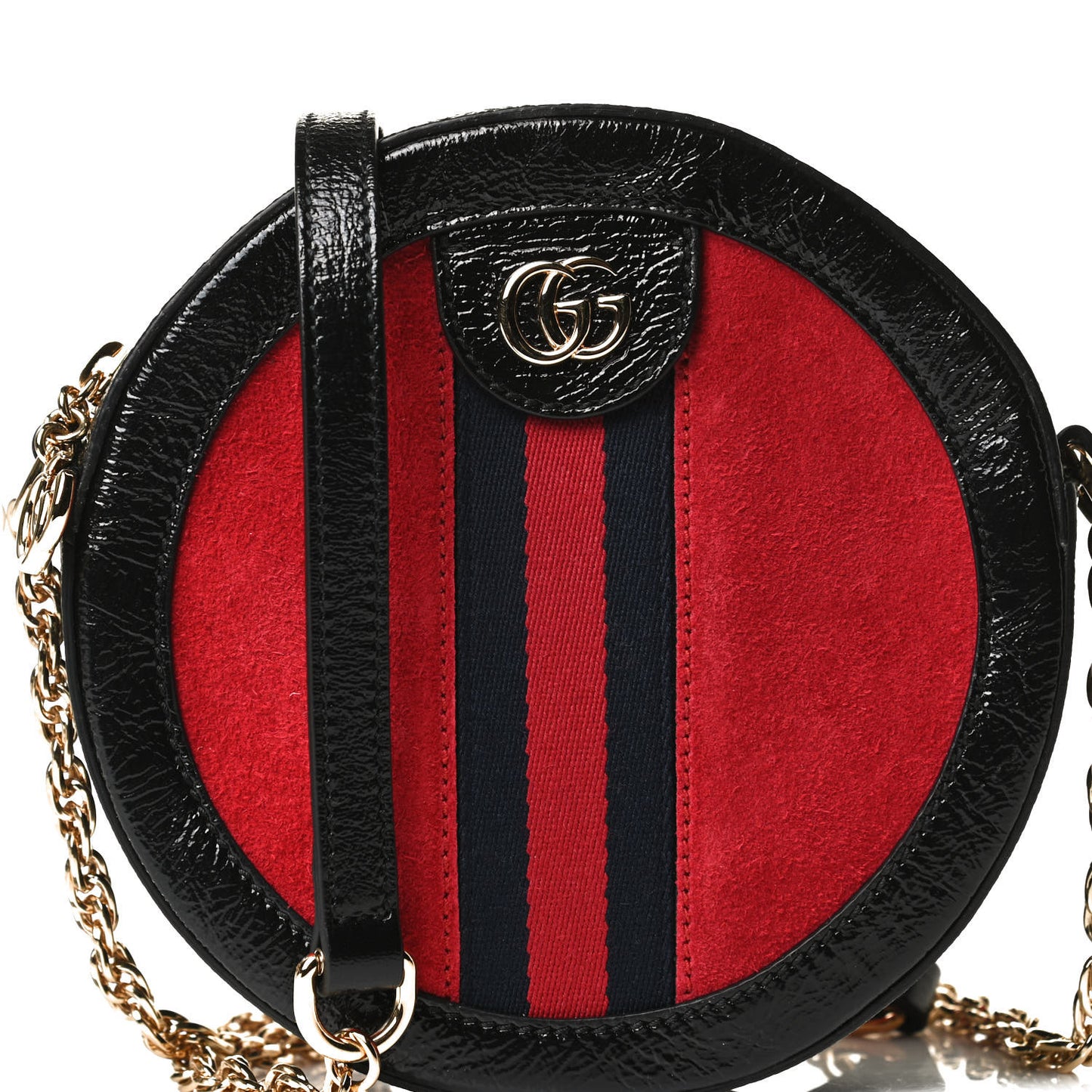 Suede Patent Web Mini Ophidia Round Shoulder Bag Hibiscus Red Black