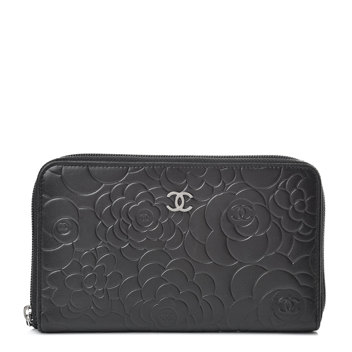 Lambskin Camellia Embossed Zip Around Organizer Wallet Black