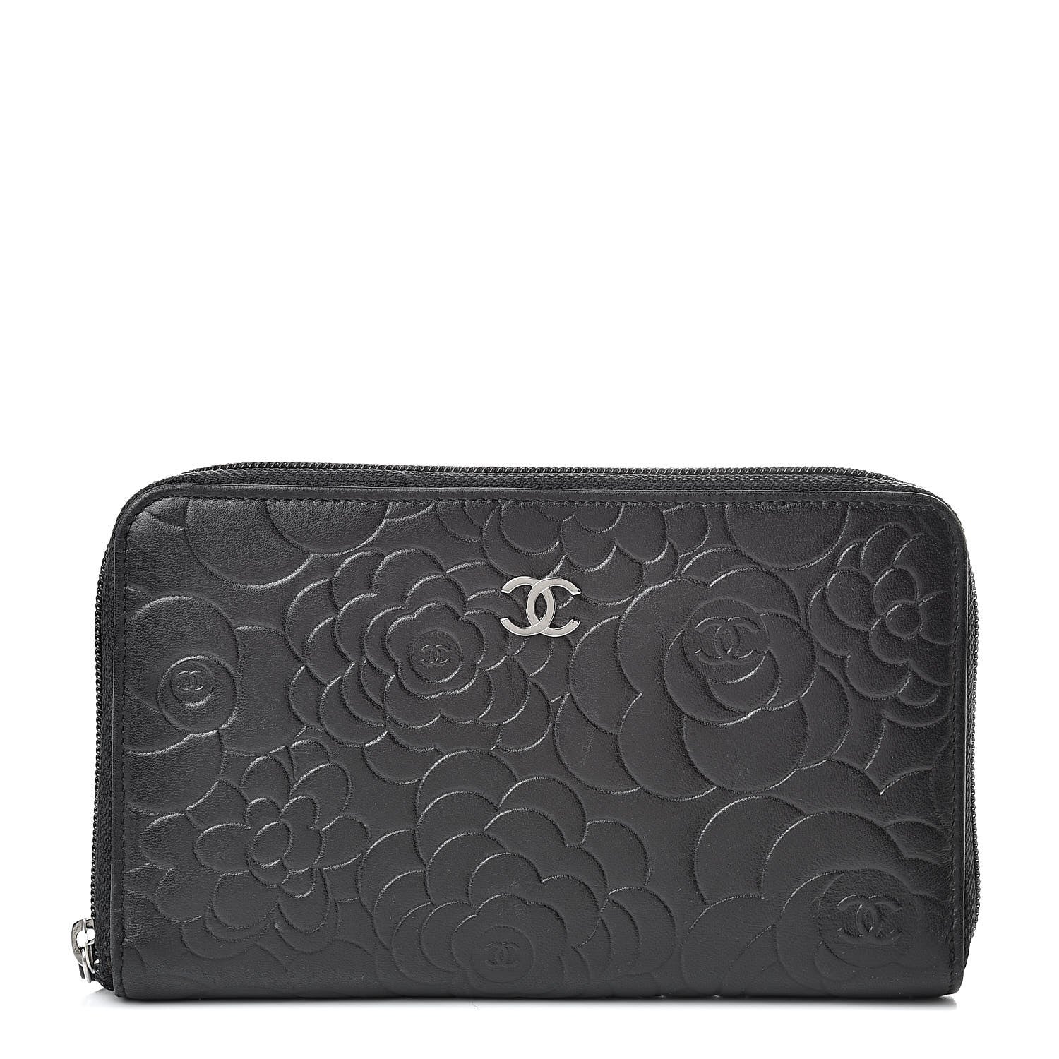 Chanel Lambskin Camellia Embossed Zip Around Organizer Wallet Black 1 of 11