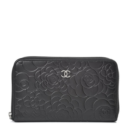 Chanel Lambskin Camellia Embossed Zip Around Organizer Wallet Black 1 of 11