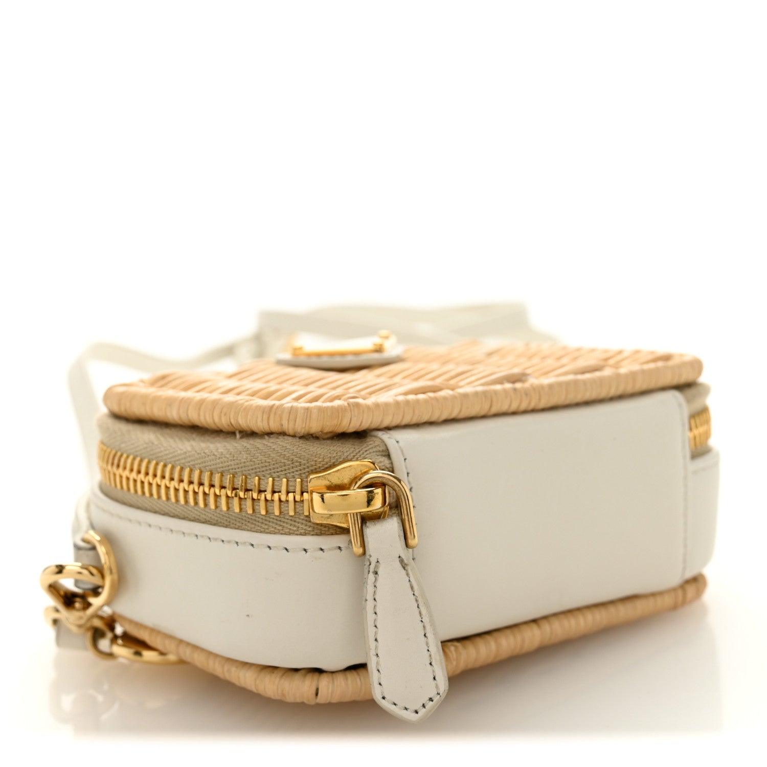 Prada Wicker Calfskin Metal Triangle Logo Mini Pouch Shoulder Bag Tan White 4 of 12