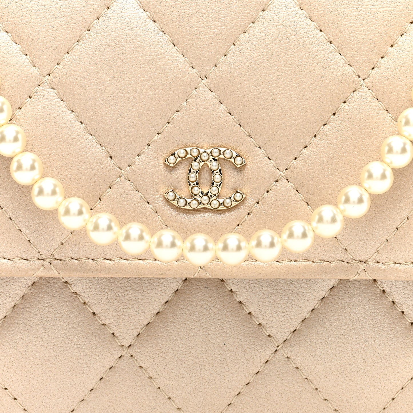 Lambskin Quilted Pearl My Shoulder Mini French Wallet On Chain WOC Light Beige