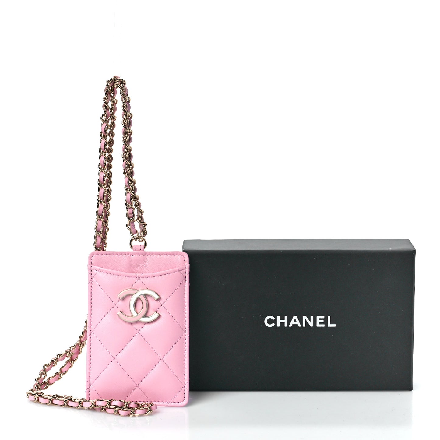 Lambskin Quilted Chanel Card Holder On Chain Pink