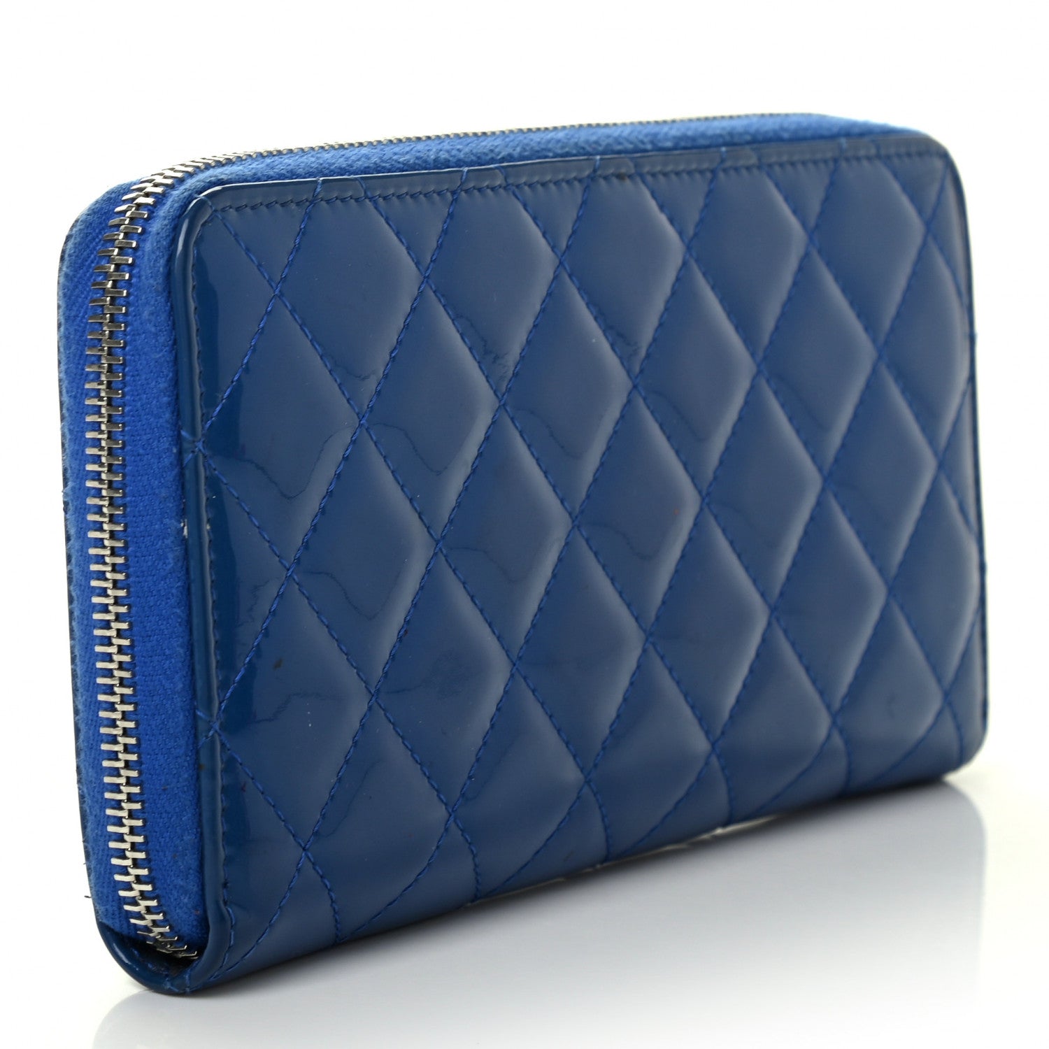Chanel Patent Calfskin Quilted Large Gusset Zip Around Wallet Blue 2 of 4