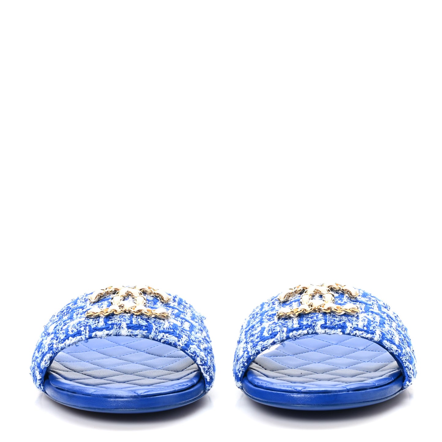 Cotton Tweed Chain CC Mule Sandals 38.5 Blue White