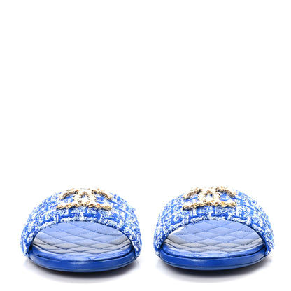 Chanel Cotton Tweed Chain CC Mule Sandals 38.5 Blue White 3 of 10