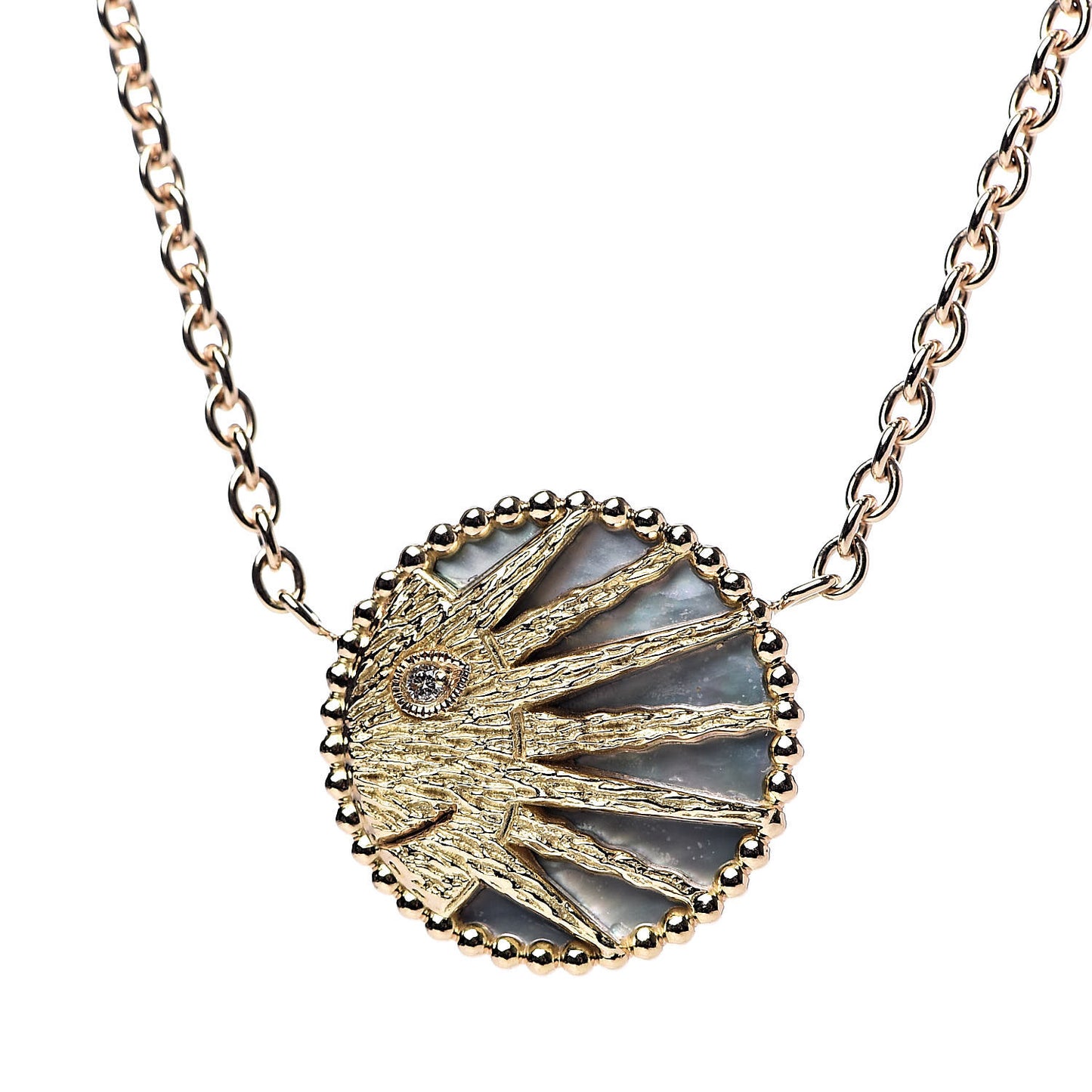 18K Yellow White Gold Black Onyx Mother of Pearl Diamond Rose Celeste Pendant Necklace
