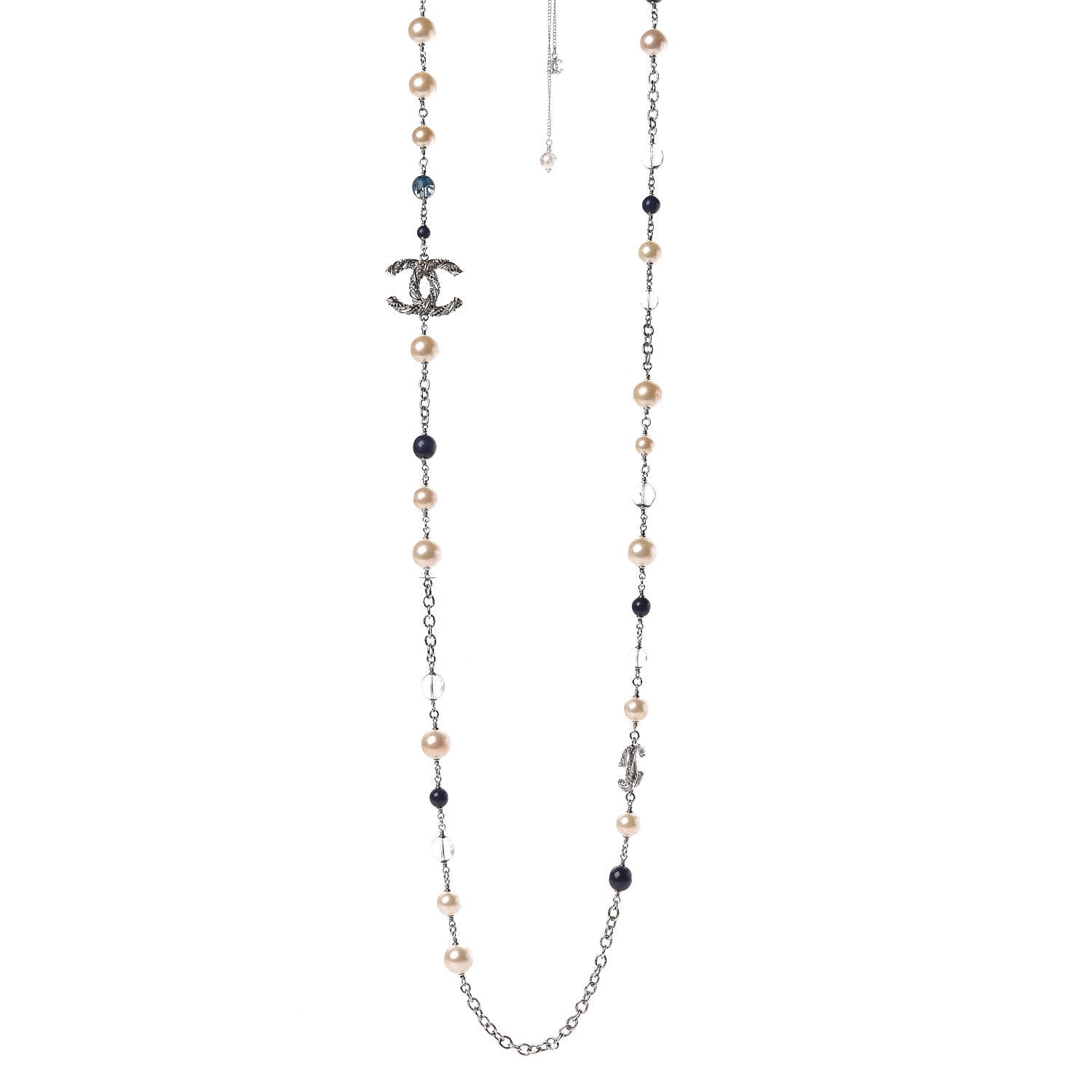 Chanel Pearl Beaded CC Long Necklace Navy Silver 1 of 8