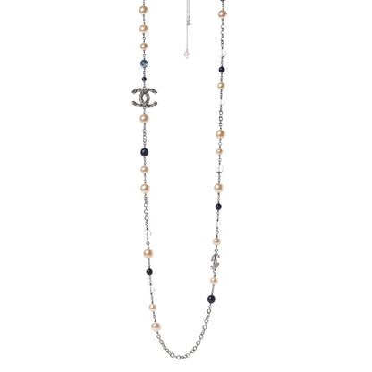 Chanel Pearl Beaded CC Long Necklace Navy Silver 1 of 8