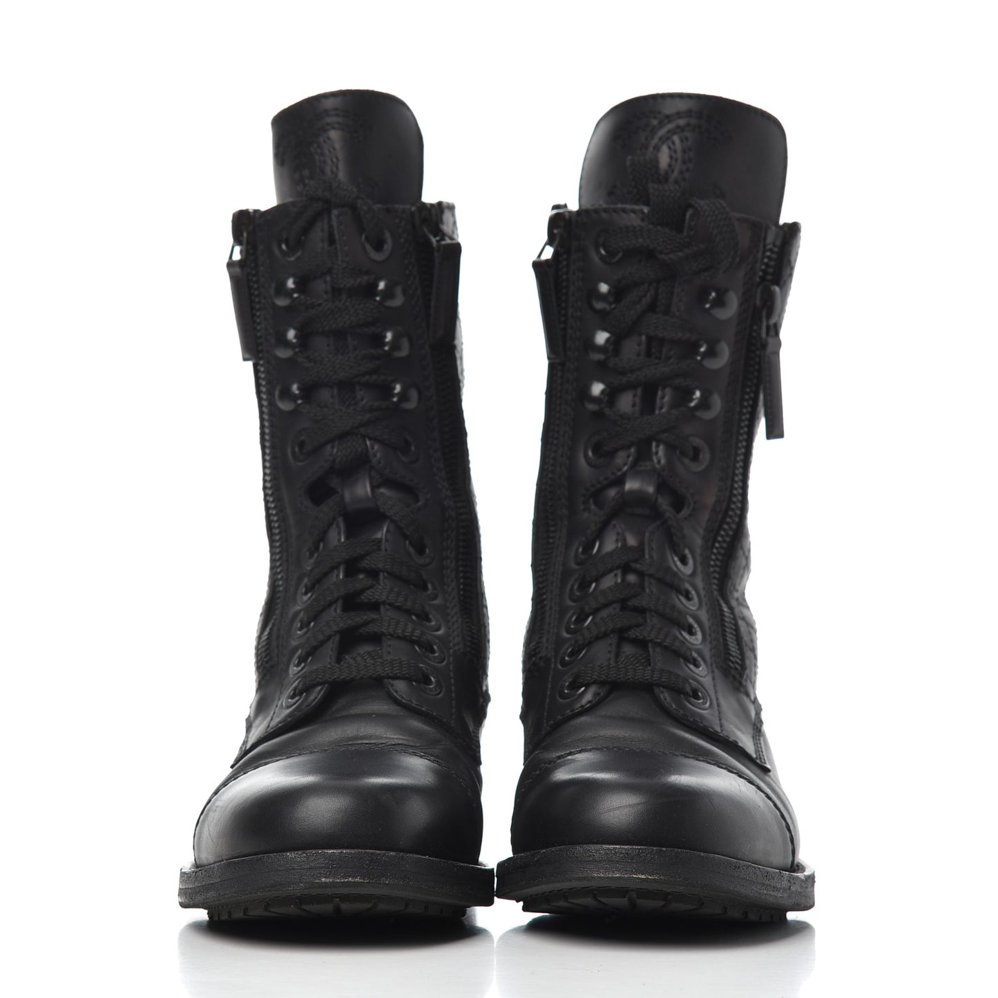 Calfskin Quilted Cap Toe Combat Boots 36 Black