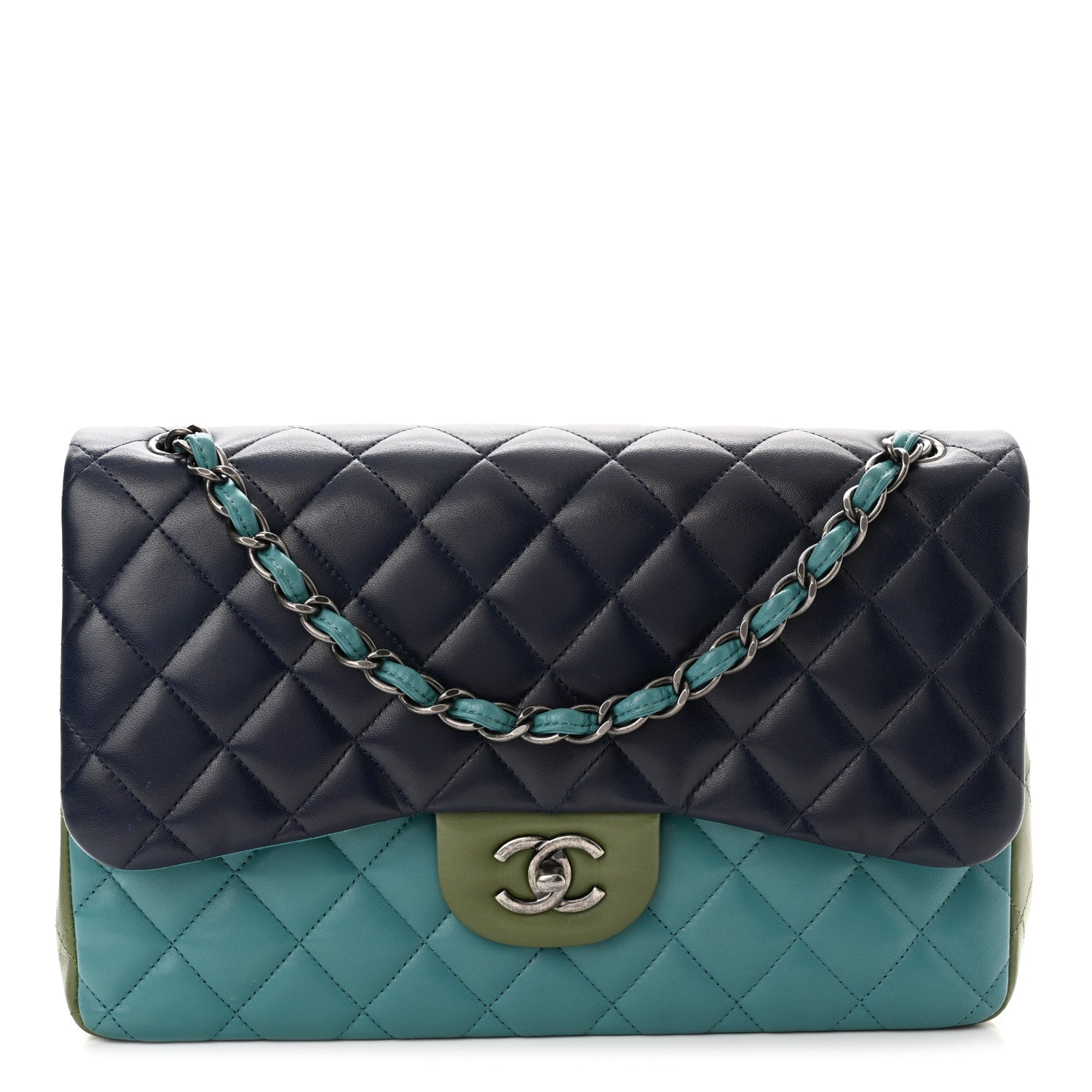 Chanel Lambskin Quilted Tri-Color Jumbo Double Flap Navy Blue Green 1 of 20