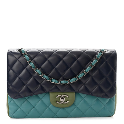 Chanel Lambskin Quilted Tri-Color Jumbo Double Flap Navy Blue Green 1 of 20