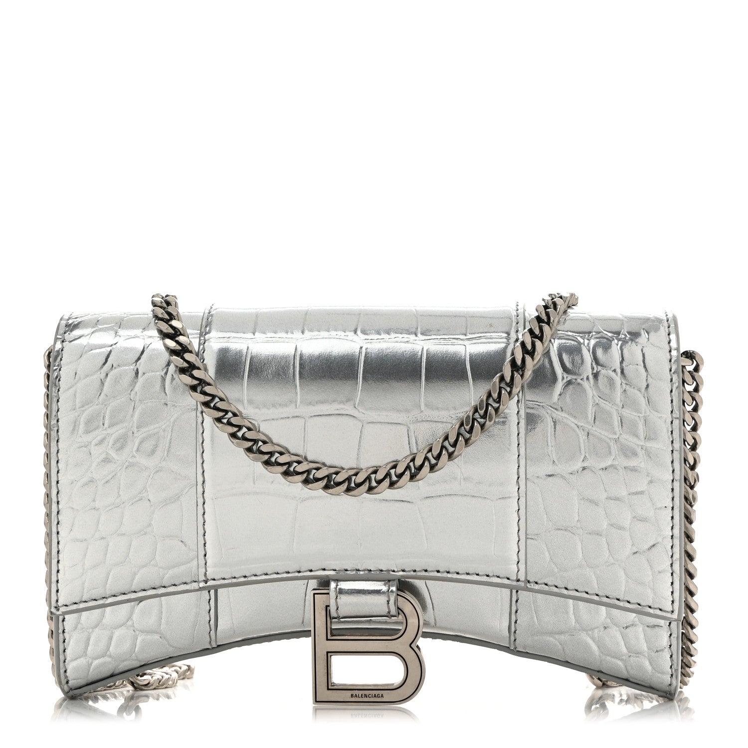 Balenciaga Metallic Calfskin Crocodile Embossed Hourglass Chain Bag Silver 1 of 10