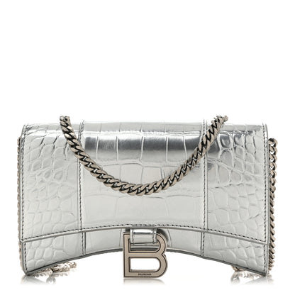 Balenciaga Metallic Calfskin Crocodile Embossed Hourglass Chain Bag Silver 1 of 10